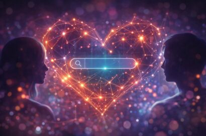 Abstract digital heart network between two people representing online sex education and connection