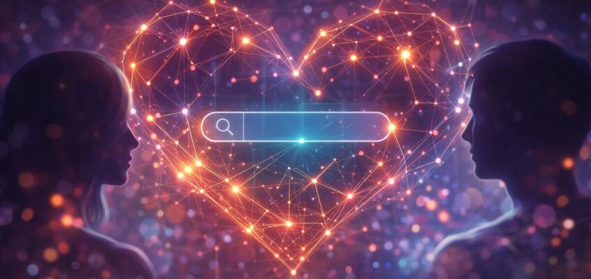 Abstract digital heart network between two people representing online sex education and connection