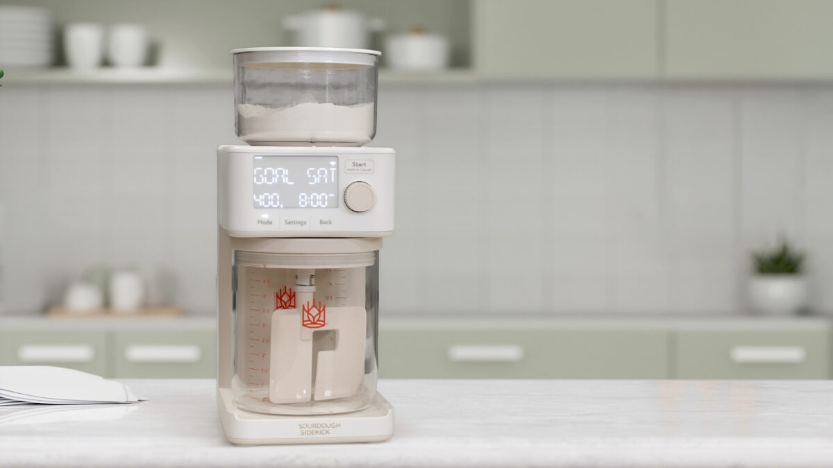 Sourdough Sidekick countertop appliance for automated sourdough starter feeding