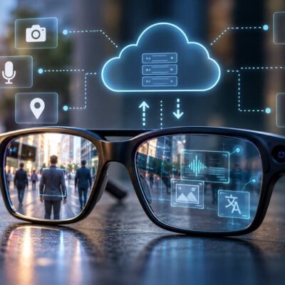 AI-powered smart glasses illustrating privacy concerns surrounding data collection, tracking, and cloud processing.