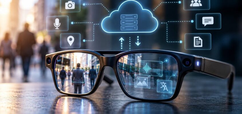 AI-powered smart glasses illustrating privacy concerns surrounding data collection, tracking, and cloud processing.