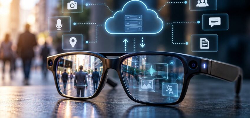 AI-powered smart glasses illustrating privacy concerns surrounding data collection, tracking, and cloud processing.