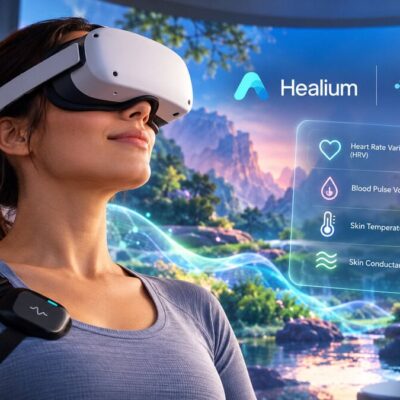 Person wearing a virtual reality headset with biometric data visualizations representing heart rate variability and physiological monitoring.