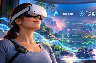 Person wearing a virtual reality headset with biometric data visualizations representing heart rate variability and physiological monitoring.