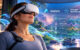 Person wearing a virtual reality headset with biometric data visualizations representing heart rate variability and physiological monitoring.
