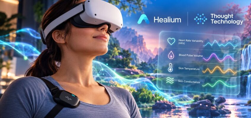 Person wearing a virtual reality headset with biometric data visualizations representing heart rate variability and physiological monitoring.