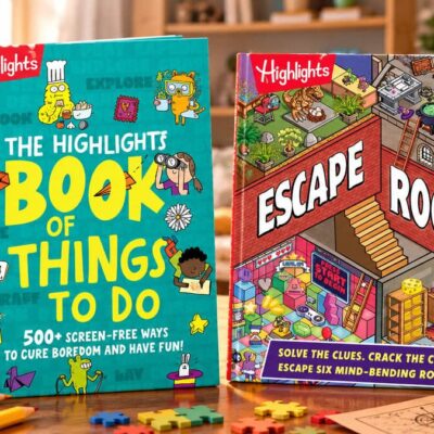 The Highlights Book of Things to Do and Escape Rooms children's activity books displayed on a table with colorful craft supplies, puzzles and pencils