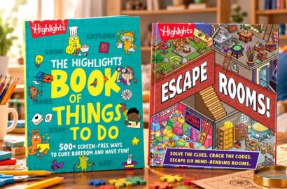 The Highlights Book of Things to Do and Escape Rooms children's activity books displayed on a table with colorful craft supplies, puzzles and pencils
