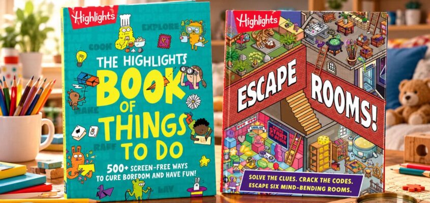 The Highlights Book of Things to Do and Escape Rooms children's activity books displayed on a table with colorful craft supplies, puzzles and pencils