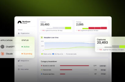 NordLayer AI Scout dashboard showing enterprise AI usage monitoring, application activity, and shadow AI security analytics