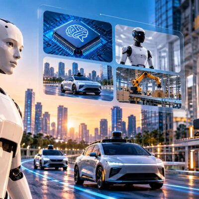 Futuristic humanoid robot representing physical AI alongside autonomous vehicles and industrial robotics
