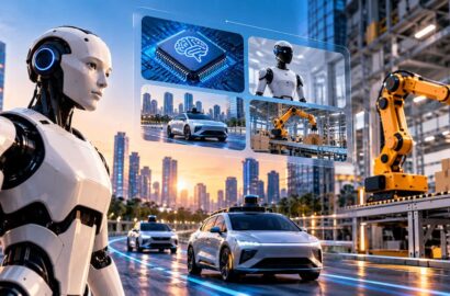 Futuristic humanoid robot representing physical AI alongside autonomous vehicles and industrial robotics
