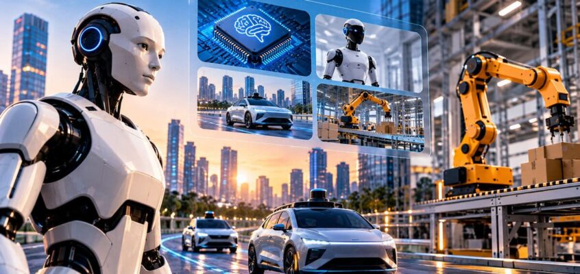 Futuristic humanoid robot representing physical AI alongside autonomous vehicles and industrial robotics
