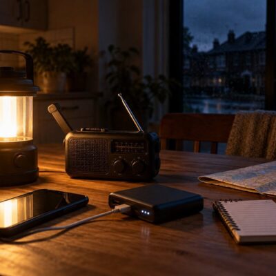 Emergency preparedness supplies including a lantern, portable radio, smartphone, power bank and map during a household power cut