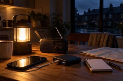 Emergency preparedness supplies including a lantern, portable radio, smartphone, power bank and map during a household power cut