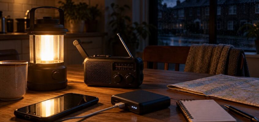 Emergency preparedness supplies including a lantern, portable radio, smartphone, power bank and map during a household power cut