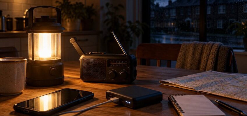 Emergency preparedness supplies including a lantern, portable radio, smartphone, power bank and map during a household power cut